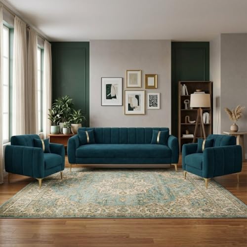 Image of Hermione Luxe Velvet-Suede Fabric 3 Seater + 1 Seater + 1 Seater Sofa Set | Golden Legs | Comfortable & Spacious Seating | Modern Sofa Set for Living Room - Green Teal
