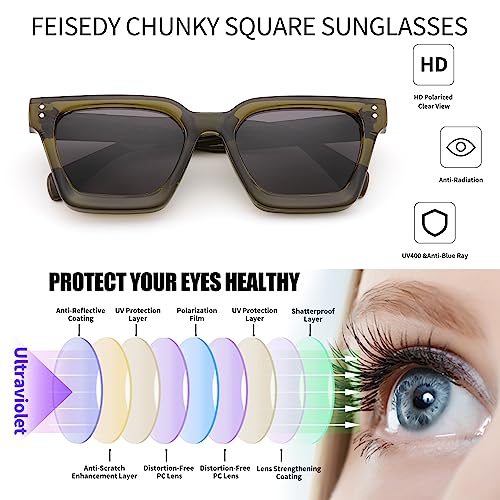 FEISEDY Sunglasses Men Women Polarized, Chunky Square Thick Frame, Rectangle UV400 Shade Sun Glasses B23964