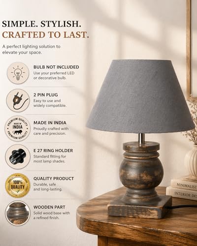 Image of Homesake Small Table Lamp for Bedroom Living Room Simple Retro Grey Distress Wood Grain Farmhouse Bedside Lamps Suitable for Nightstand, Desk Light, Gift, Trophy, (Grey Cone Shade)