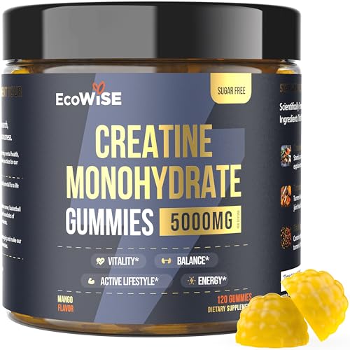 EcoWise Wellness Creatine Monohydrate Gummies 5000 mg, Mango Flavor, 120 Sugar-Free Vegan Chews, Creatine Supplement for Daily Routine