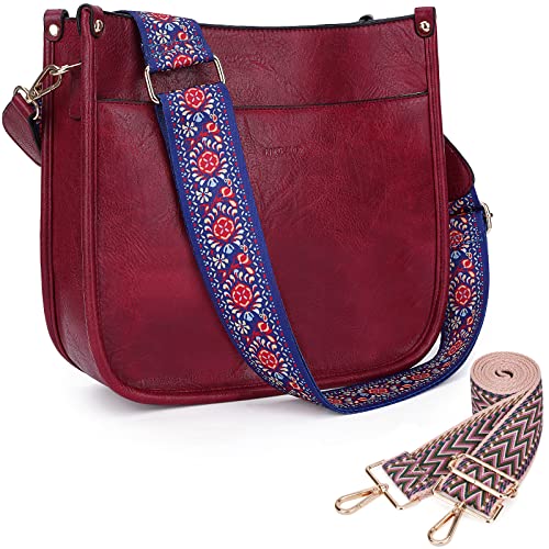 Image of HKCLUF Crossbody Bags for Women Trendy Vegan Leather Hobo Handbags With 2PCS Adjustable Guitar Strap Shoulder Bucket Bags