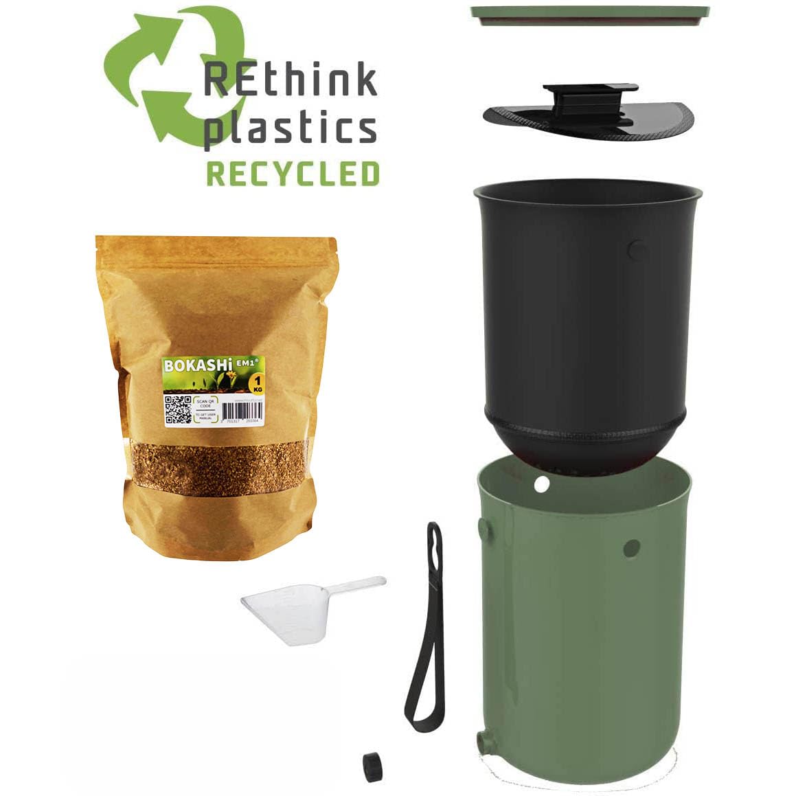 Lot de 2 seaux Bokashi Organko 2 Olive (9,6L) | Composteur Organique avec compacteur + 1 kg d'Activateur EM-1 de Fermentation fabriqué en France