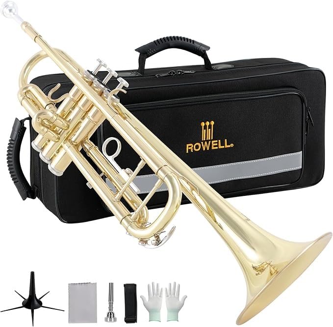ROWELL Bb Trumpet Student Trumpet Standard Trumpets Set with Hard Case, Stand,7C Mouthpiece, Gloves for Beginner, Advanced Students and Adult Gold