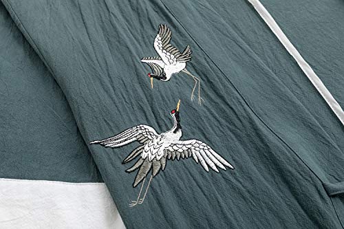 Image of Mens Japanese Kimono Cardigan Cotton Linen Haori Fashion 3 /4 Sleeve Yukata | Shawl Collar Kimono Jacket Robe Embroidery Patchwork Happi Coat Tie Pockets Lightweight Outerwear Daily Casual All Seasons