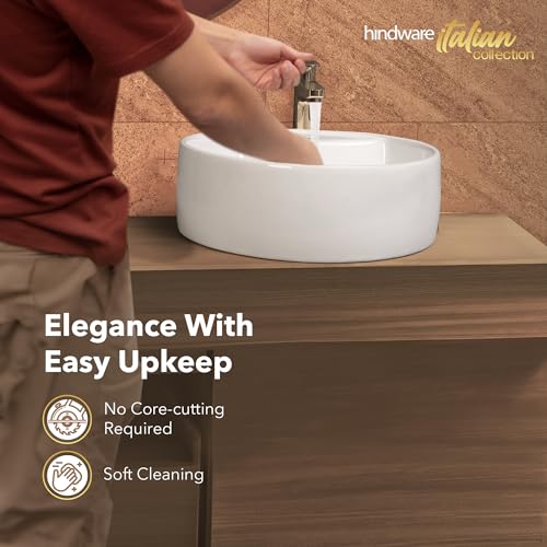Image of Hindware Italian Collection Solitaire Table Top Wash Basin for Bathroom | Made of Ceramic | Star White | Round Shape | Over the Counter Basin