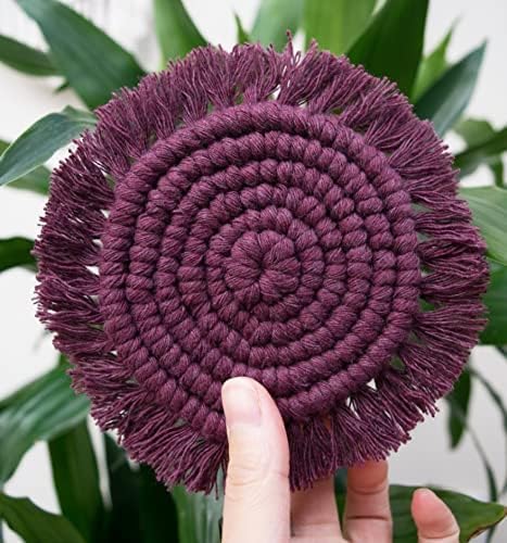 MTRXX Handmade Macrame Coasters Set of 4 – 4-Inch Round Cotton Drink Mats in BlackBerry Purple, Boho Fringe Coasters for Coffee Tables & Home Decor, Woven Table Accessories
