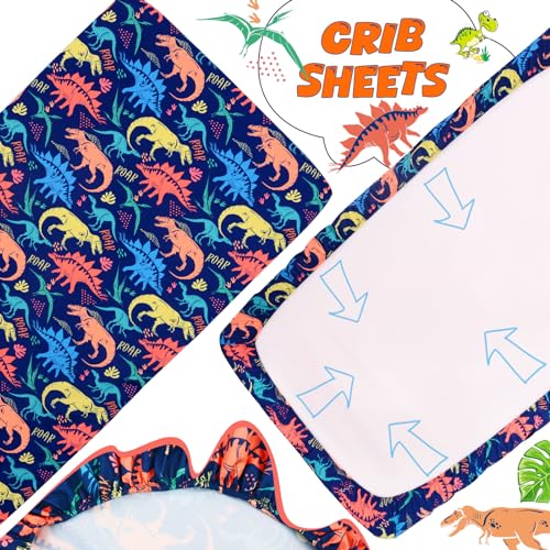 Image of Cloele 3 Piece Crib Bedding Set for Boys,Dinosaur,Quilt,Sheet&Pillowcase | Include Soft Baby Comforter,Breathable Fitted Sheet & Pillowcase,Navy Blue Nursery Baby Bedding for Boys