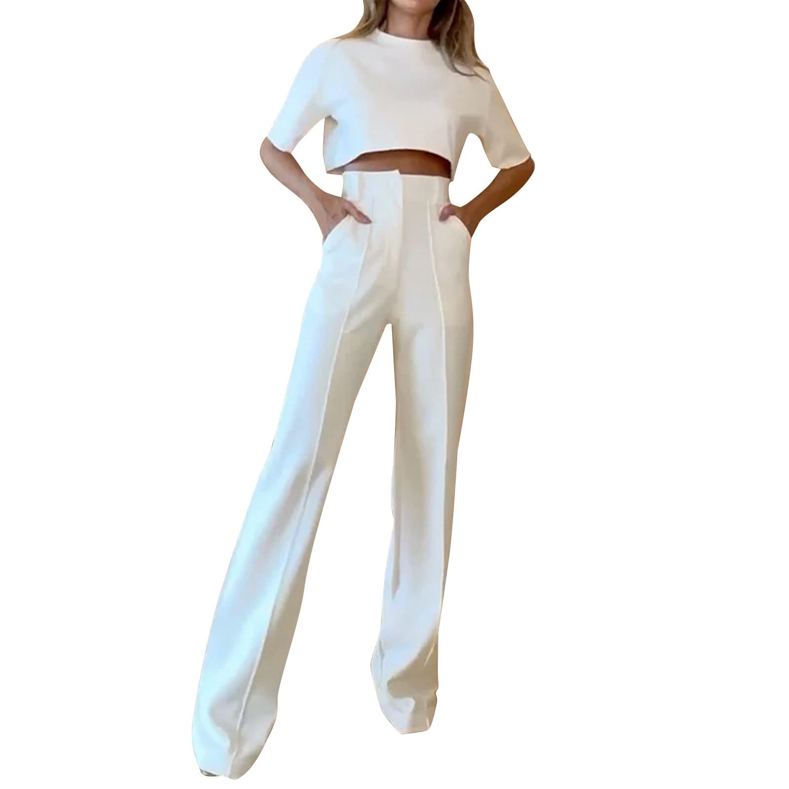 liaddkv Casual 2 piezas Trajes de manga corta camiseta blusa pantalones monocolor conjunto trajes mujer mono elegante