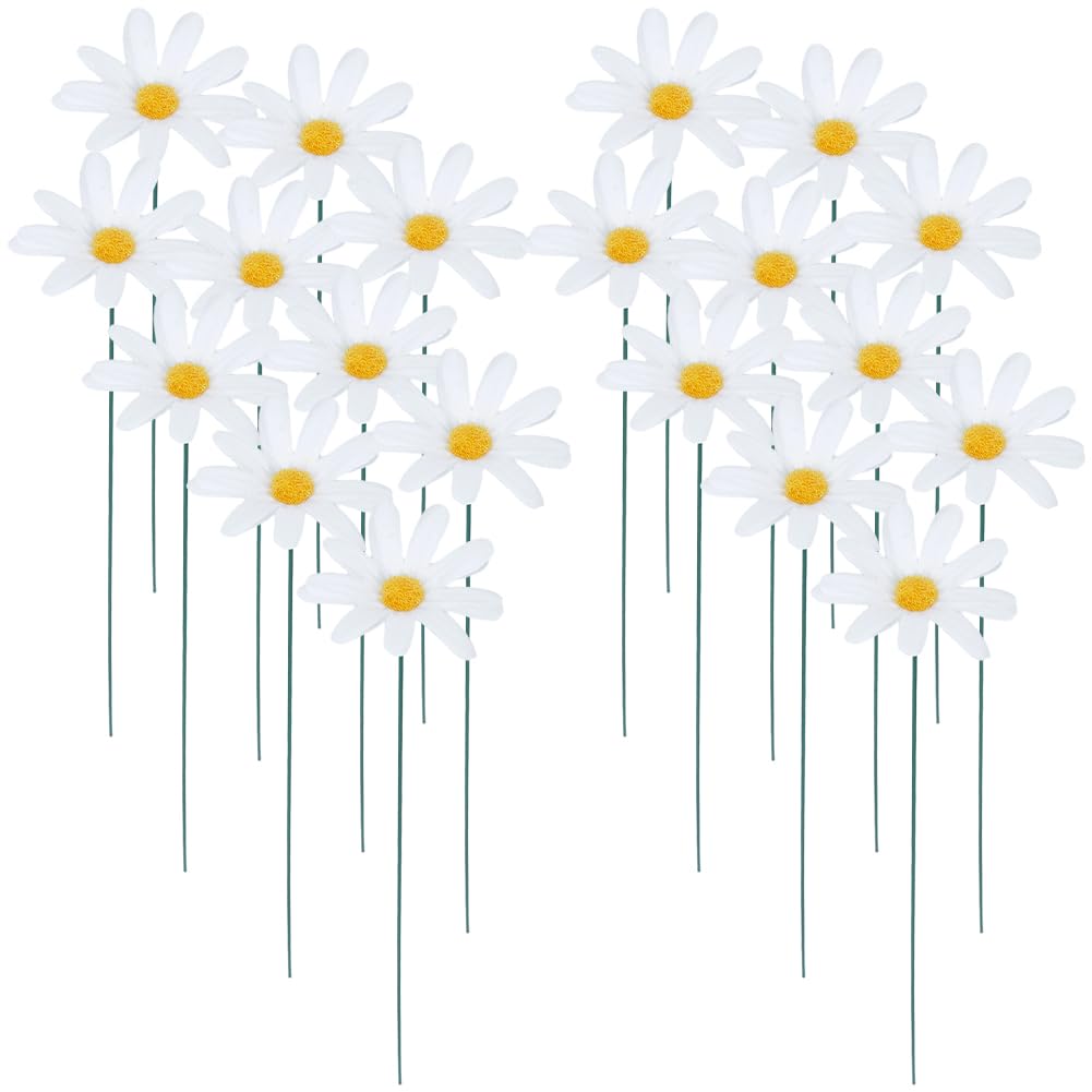CREATCABIN 20Pcs Daisy Garden Stakes Decor Flower Metal Stakes Stick Waterproof Artificial Flowers Yard Art Garden Decorations for Outdoor Patio Porch Pathway Lawn Spring Decor 13.8x1.4Inch White