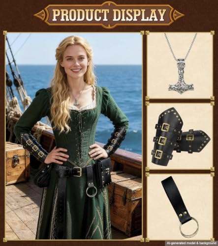 Image of 7PCS Renaissance Accessories - Medieval Belt, Viking Leather Bracers, Belt Pouch & Money Bag for Halloween Cosplay