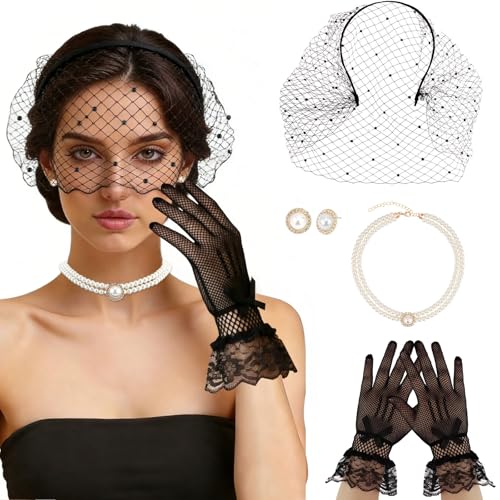 FASOTY Birdcage Veil Tea Party Hat for Women Funeral Veil with Black Lace Gloves Pearl Set for Wedding Party Birthday Women Clothing Accessories