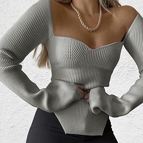 Image of Women's Square Neck Ribbed Knitted Sweater Long Sleeve Crop Slim Fitted Basic Pullover Tops