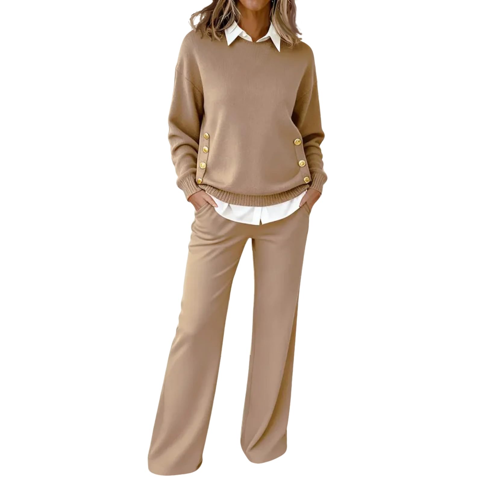 Women's Lounge Wear Sets 2 Piece Outfits Crew Neck Long Sleeve Button Tops With Wide Leg Pants Homewear Sets, S-2XL
