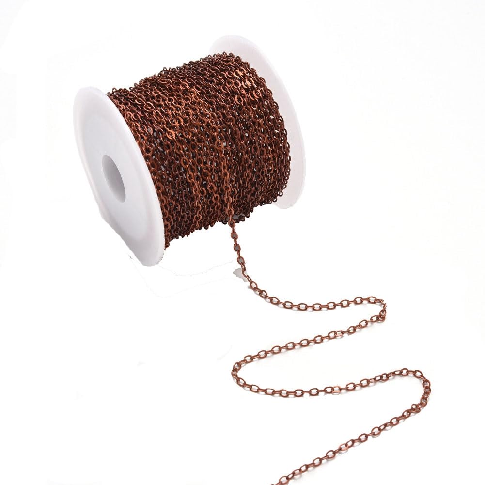 Yurosiay 10 m x 2.5 mm Copper Link Chain Jewellery Chains Craft Metal Cross Cable Chains with Spool DIY Curb Chain Jewellery Chains for Crafts Link Chain Roll for Jewellery Making Red Copper