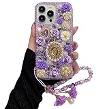 iFiLOVE for iPhone 7 Plus/8 Plus Bling Diamond Case with Flower Strap, 3D Luxury Sparkle Glitter Crystal Rhinestone Pearl Love Rose Wristband Bracelet Case Cover for Girls Women Kids (Purple)