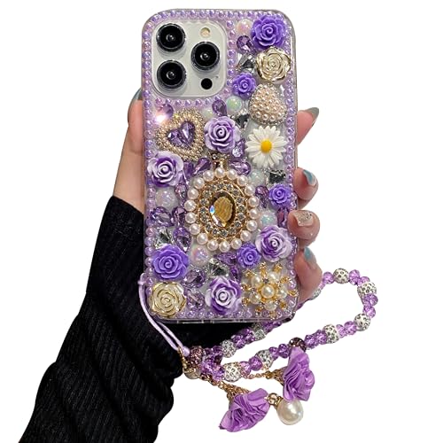 iFiLOVE for iPhone 12/12 Pro Bling Diamond Case with Flower Strap, 3D Luxury Sparkle Glitter Crystal Rhinestone Pearl Love Rose Wristband Bracelet Case Cover for Girls Women Kids (Purple)