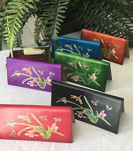 Bpleathercraft Genuine Leather Checkbook Cover, Dragonflies & Iris Flower Pattern (Brown) #TOP2