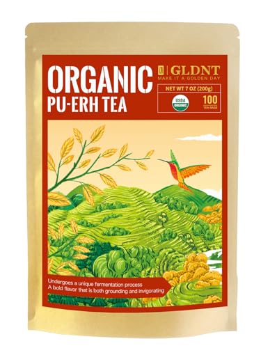 GLDNT Organic Pu-erh Tea Bags, Fermented Yunnan Dark Tea, Bold & Mellow Flavor, Caffeinated, 100 Count