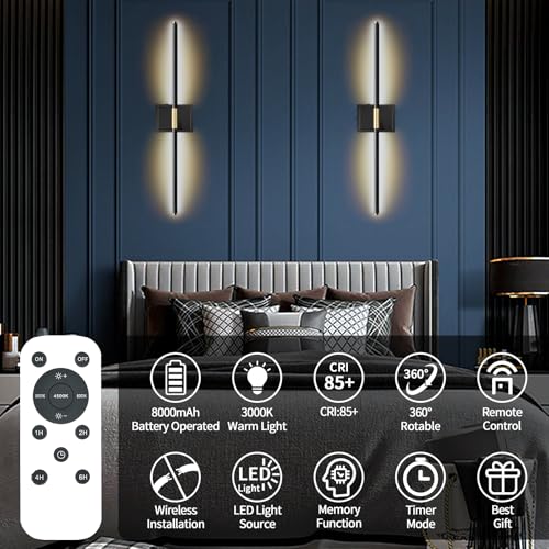 Image of Wall Sconces Set of 2 Battery Operated, 8000mAh USB Rechargeable Wall Sconce with Remote Control, 360Rotate Dimmable 3000K-6000K LED Dimmable Picture Lamp for Living Room, Bedroom, Hallway (28inch)