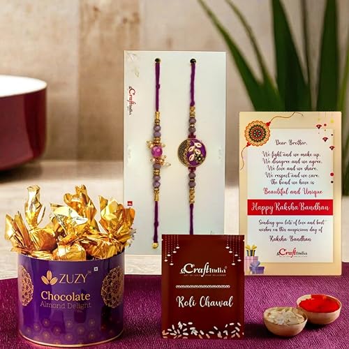 Image of eCraftIndia Set of 2 Purple Floral & Pearl Designer Rakhis for Brothers with Zuzy Almond Chocolate Box, Roli Chawal Pack, Raksha Bandhan Greeting Card