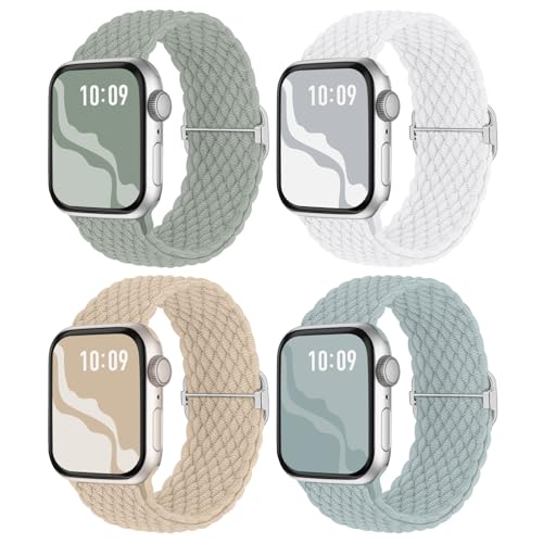 Image of 4 Pack Braided Stretchy Bands Compatible with Apple Watch 40mm 41mm 38mm 42mm 44mm 45mm 46mm 49mm Women Men, Breathable Nylon Elastic Daily Use Straps for iWatch Series 11 /10 9 8 7 6 5 4 3 SE /Ultra 2
