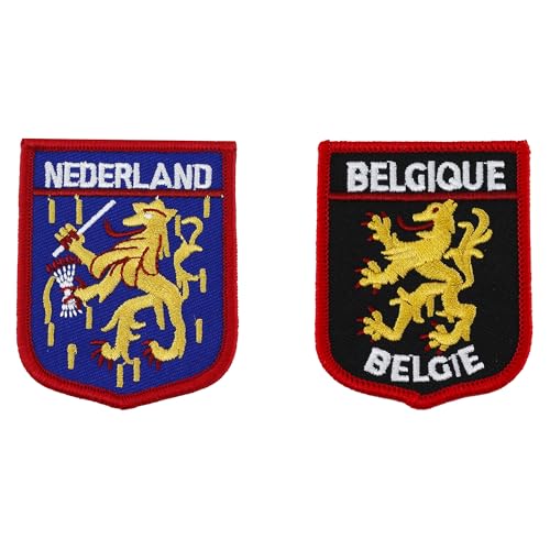 Lot De 2 Patch Thermocollant – Set Ecusson Thermocollant, Forme Bouclier, 5x6,5cm, 1 Pièce Lion Hollandais et 1 Pièce Belgique, Ecusson a Coudre Pour Vêtements, Sac à Dos Et Pantalons.