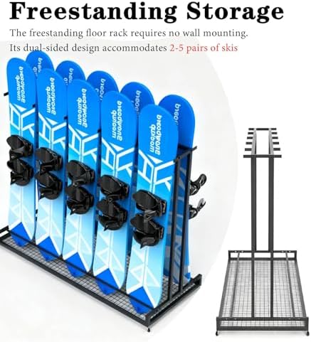 Heavy-Duty Mobile Ski Rack with Wheels - Free Standing Snowboard Holder for Garage & Basement - Adjustable 24" to 61" Ski Storage Stand