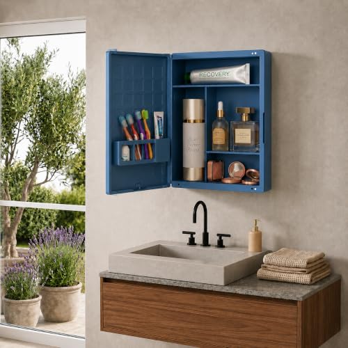 Image of BRANCO New Rich Look Bathroom Organizer Cabinet | Mirror with Shelf | 4 Shelves Storage Organizer | Wall Mounted Cabinet | for Home /Kitchen /Toilet (BRC-931) (Blue)