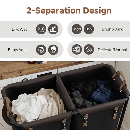 Image of StorageWorks 2 Section Laundry Hamper, 330L Extra Large Black Rolling Cart | 2 Section Laundry Hamper with Wheels, Black Rolling Sorter Cart for Bathroom, Hotel