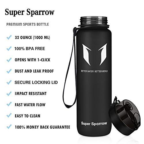 Super Sparrow Sports Water Bottle - 350ml-500ml-1000ml - Non-Toxic BPA Free & Eco-Friendly Tritan Co-Polyester Plastic - Fast Water Flow, Flip Top, Opens with 1-Click - (Black, 750ml-25oz)