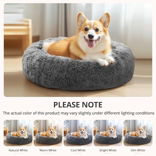 Image of JOLLYVOGUE Calming Dog Bed for Small Dogs - 23 inches Donut Washable Small Dog Bed for Kittens & Puppies, Anti-Slip Round Fluffy Plush Faux Fur Cat Beds (Fits up to 25 lbs Pets, Smoke Black)