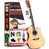 Pyle Beginner Cutaway Acoustic Guitar Kit, 4/4 Full Size All Wood Dreadnought Stringed Instrument with Gig Bag, Steel Strings, Picks, Strap, Capo, For Students and Adults, Natural