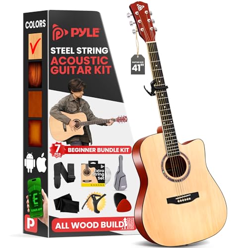 Pyle Beginner Cutaway Acoustic Guitar Kit, 4/4 Full Size All Wood Dreadnought Stringed Instrument with Gig Bag, Steel Strings, Picks, Strap, Capo, For Students and Adults, Natural