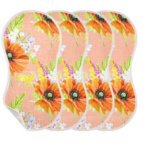 J JOYSAY Blossom Floral Orange Baby Burp Cloths for Boys Girls Large 22''x11'' Cotton 4 Layer Burp Rag for Babies Unisex one sizex4