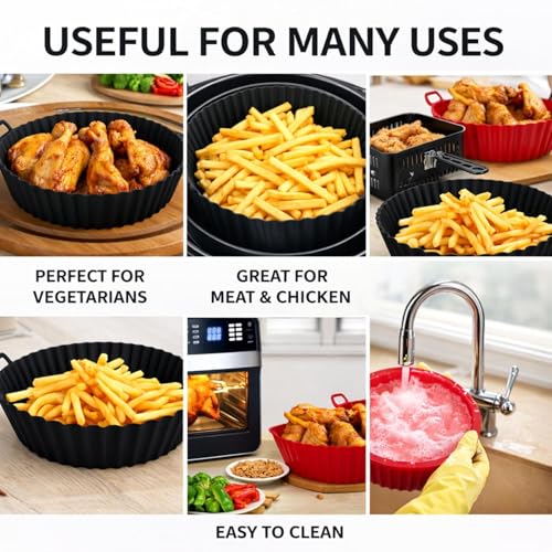 Image of Silicone Air Fryer Basket with Handles | Non-Stick Reusable Air Fryer Liner | Oil-Free Healthy Cooking | Easy Clean Heat Resistant Food Basket (MIDIUM, 1, Count)