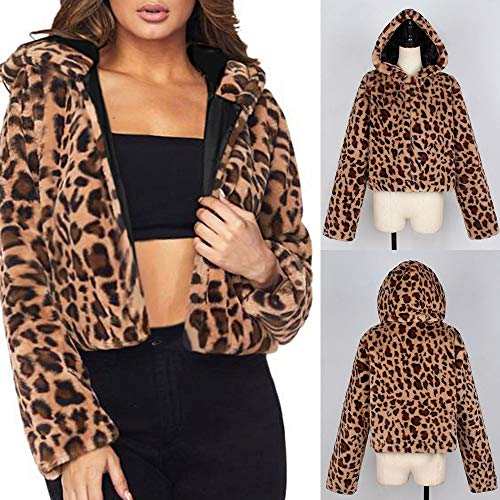 Pervobs Women Leopard Coat Winter Hoodie Faux Fur Long Sleeve Cardigan Jacket Outwear Coat(US:14, Brown)