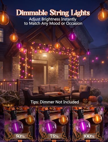 50FT Halloween String Lights Outdoor, G40 Orange and Purple LED Globe Patio Lights with 27 Shatterproof Plastic Bulbs(2 Spare), Waterproof Connectable Dimmable Decorative Lights for Party Yard Porch - 4