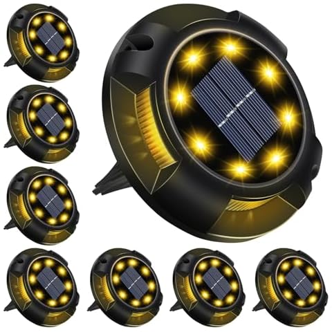 Laliled Swivel Disk Lights Solar Powered Ground Lights, 12 LEDs Waterproof In-ground Lights Non-Slip Landscape Path Lighting for Pathway Garden Lawn Yard Patio Walkway Driveway (8 Pack, Warm White) Cover