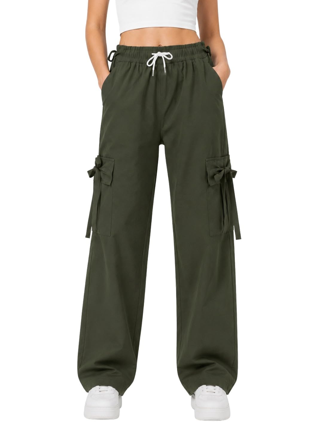 Women's Olive Green Wide Leg Cargo Pants with Bow Pocket Detail Elastic Waist Casual Trousers-picture-54