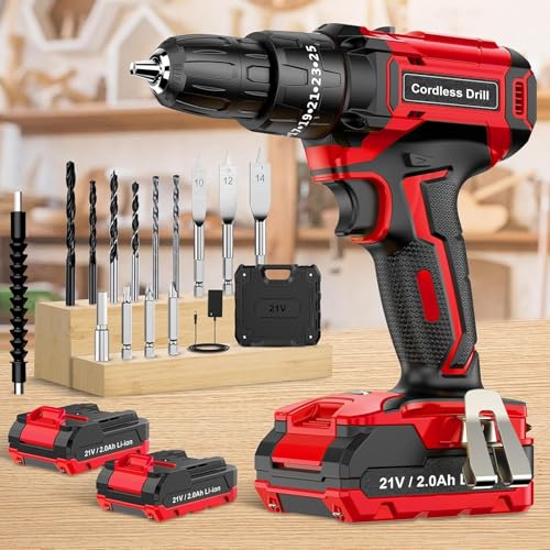 Perceuse Visseuse Sans Fil 21V, Visseuse Devisseuse Sans Fil avec 2 Batteries 2.0Ah, 42Nm Perceuse Percussion, 25+3 Réglages de Couple, LED, 2 Vitesses, 14 Accessoires, pour la Bricolage