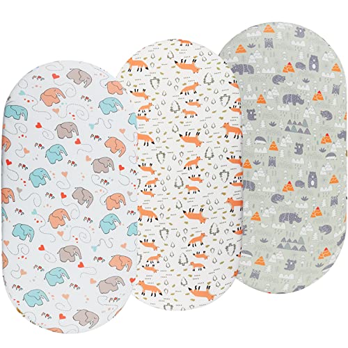 Onacosht Bassinet Sheets 3 Pack for Baby Boy, Soft Stretchy Universal Fitted Sheet Set for Oval Rectangle Hourglass Bassinet Mattress, Forest Fox Elephant Printing
