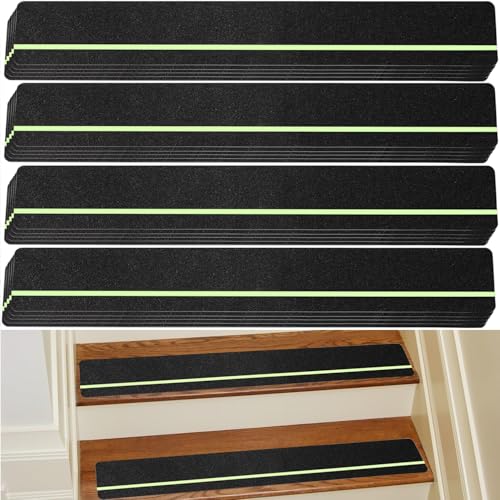 Image of JICOOT Anti Slip Traction Treads with Glow in Dark Stripe (2-PCS), 4 inch X 24 inch, Best Grip Tape Grit Non Slip, Outdoor Non Skid Tape, High Traction Friction Abrasive Adhesive for Stairs Step