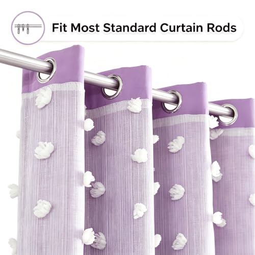 Image of Purple Room Darkening Curtains for Girls Nursery Bedroom 52x63 in | 80% Blackout Double Layer Curtains with Pom Pom Sheer Overlay, Grommet Privacy Drapes for Toddler Bedroom Decor, 2 Panels