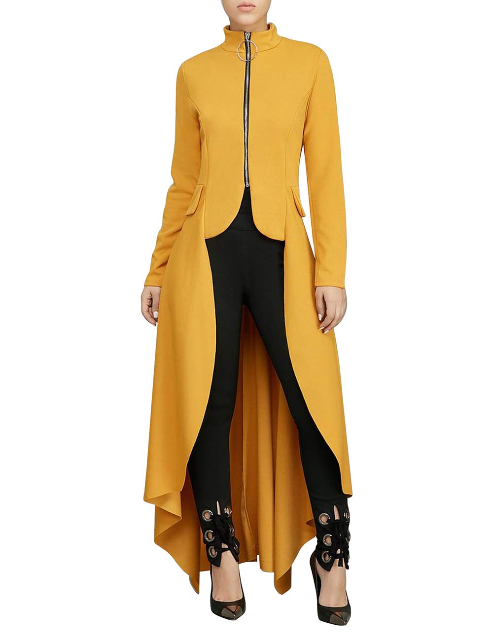 SOMTHRON Women's Sexy Open Front Stand Collar Zipper Long Sleeve Party Top Shirt Maxi Dress Irregular Hem Tunic