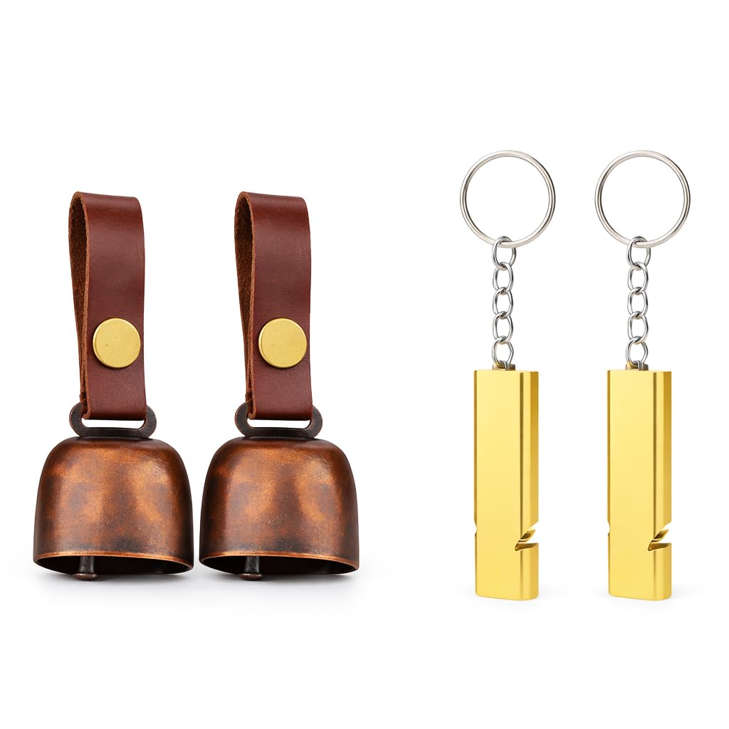kcrygogo Campanas de oso con correa de botón de cuero y silbato de emergencia para supervivencia, senderismo, ciclismo, pesca, escalada (2 unidades)