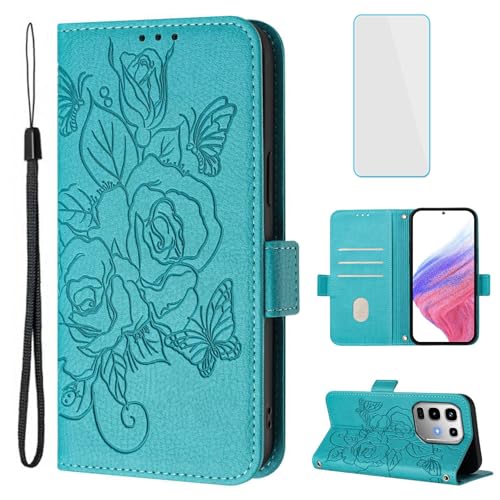 OUEAYIEN for Infinix Note 50 4G/Note 50 Pro 4G Phone Case Wallet with Screen Protecter RFID Blocking Card Women Cell Phone Cover Floral Blutterfly Case for Infinix Note50 Pro Note 50Pro 4G Light Blue