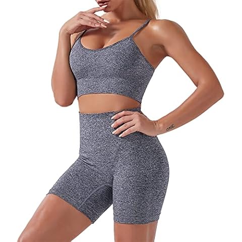 HANERDUN Workout Outfits for Women 2 Piece Tracksuit Set Ribbed Seamless Gym Running Yoga Sportswear Sports Bra Crop Tank and High Waist Shorts Cover
