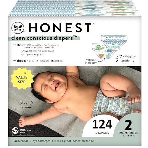 Image of The Honest Company Clean Conscious Diapers for Sensitive Skin | Hypoallergenic, Fragrance Free | Gender Neutral Printss | Super Club Box, Size 2 (12-18 lbs), 124 Count