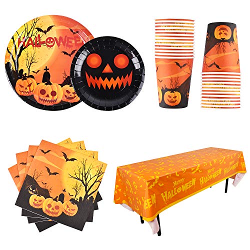 Halloween Plates Cups Napkin Tablecloth Disposable Tablerware Serve 25 for Halloween Pumpkin Party Supplies