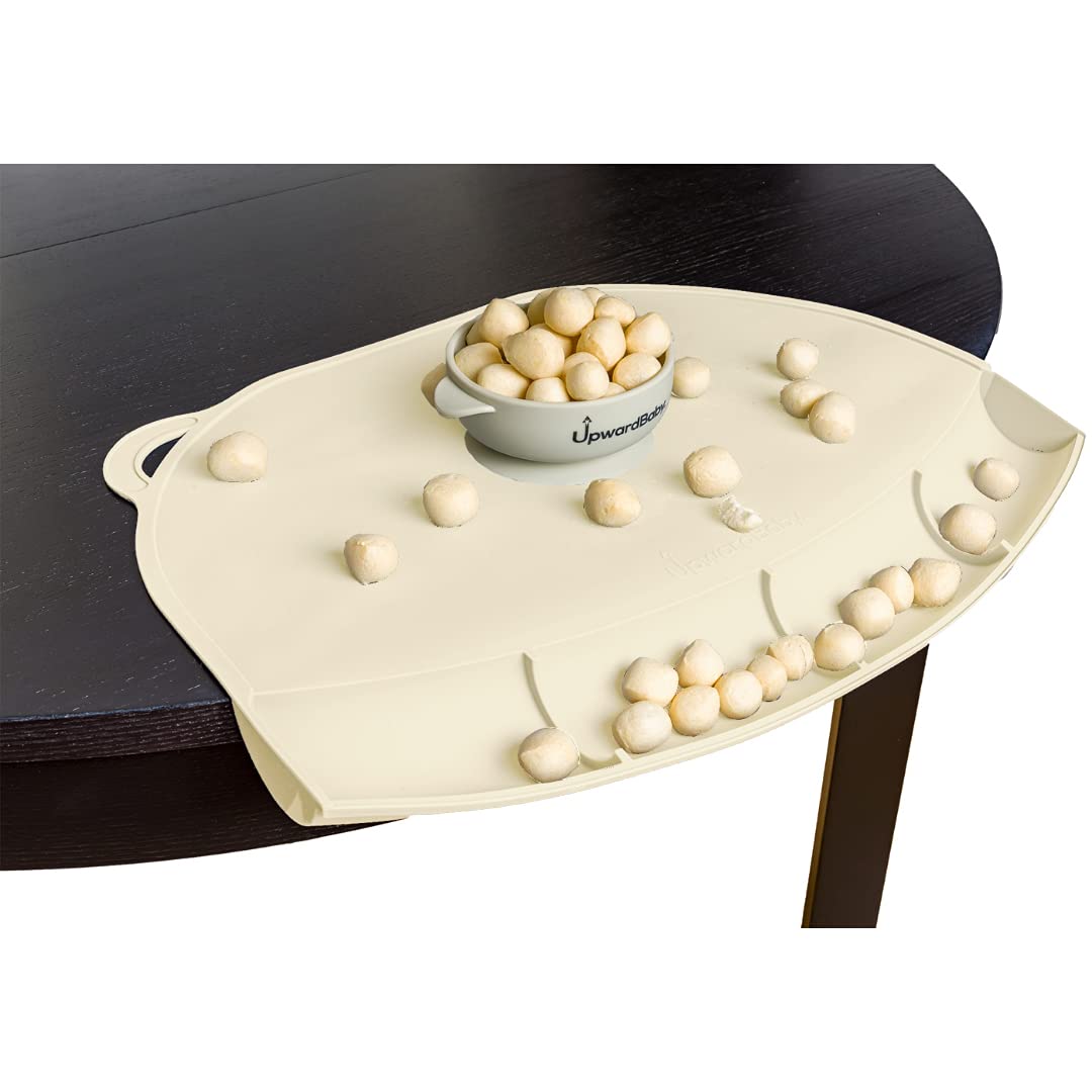 UpwardBaby Food Catching Baby Placemat - Suction Silicone Placemats for Kids Babies and Toddlers - Clean Mealtimes at Home or for Restaurants - Reusable Sticky Mat for Round Table Only(Beige)